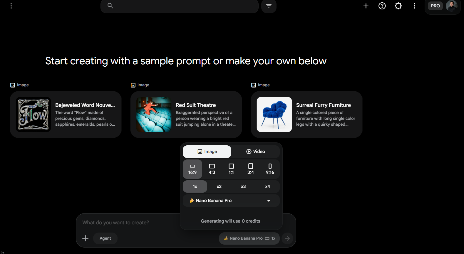 Antara muka Google Flow dengan model Nano Banana Pro dipilih